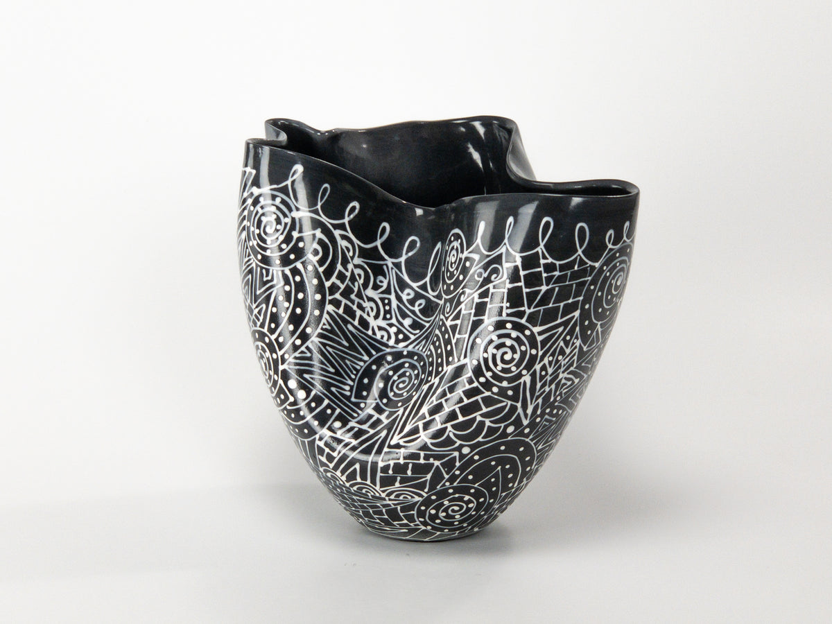 Ammonite Swirls — JeanElton TallVase in Black & Cream, front view