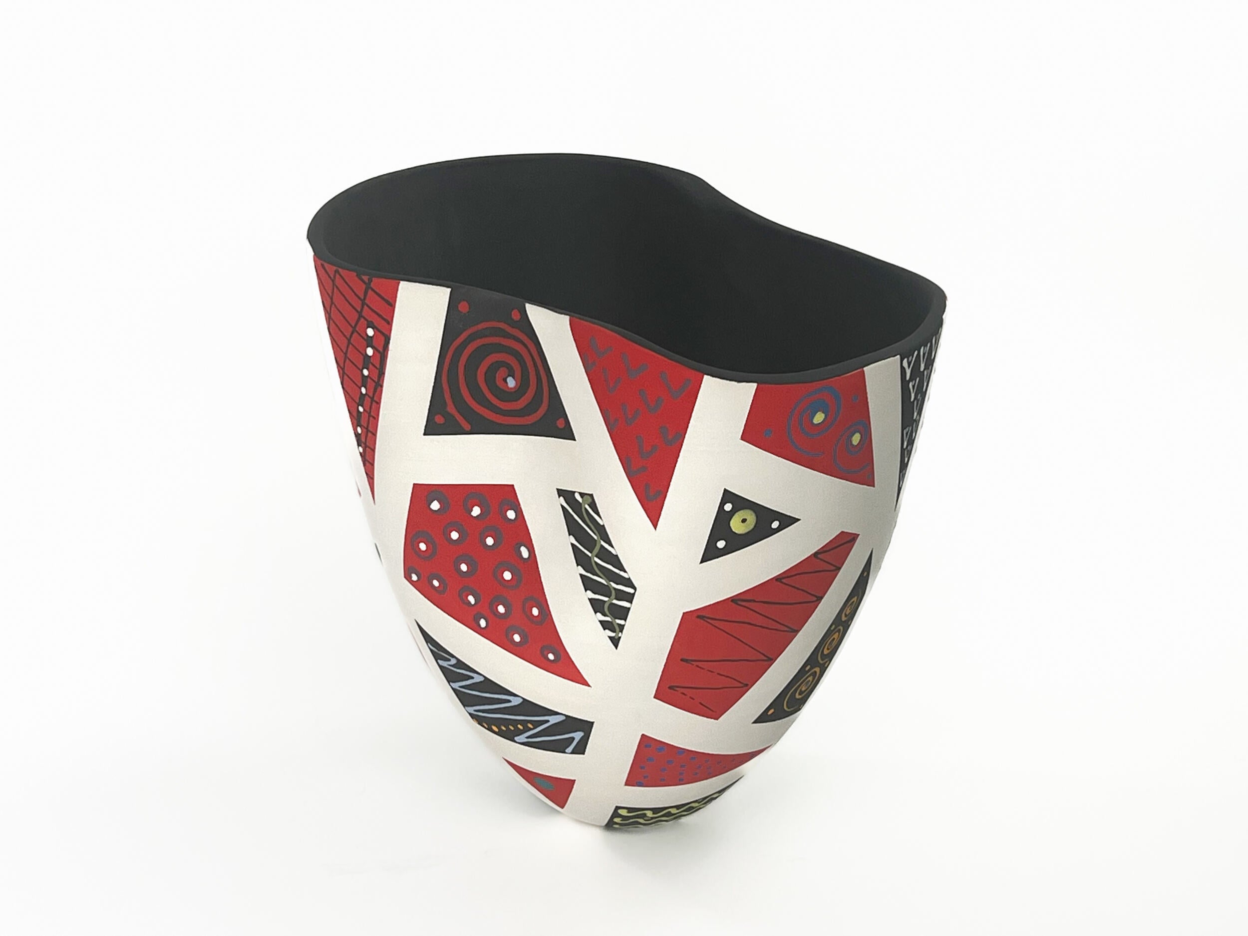 Patchwork in Red & Black X — JeanElton TallVase in Black & Red, side view