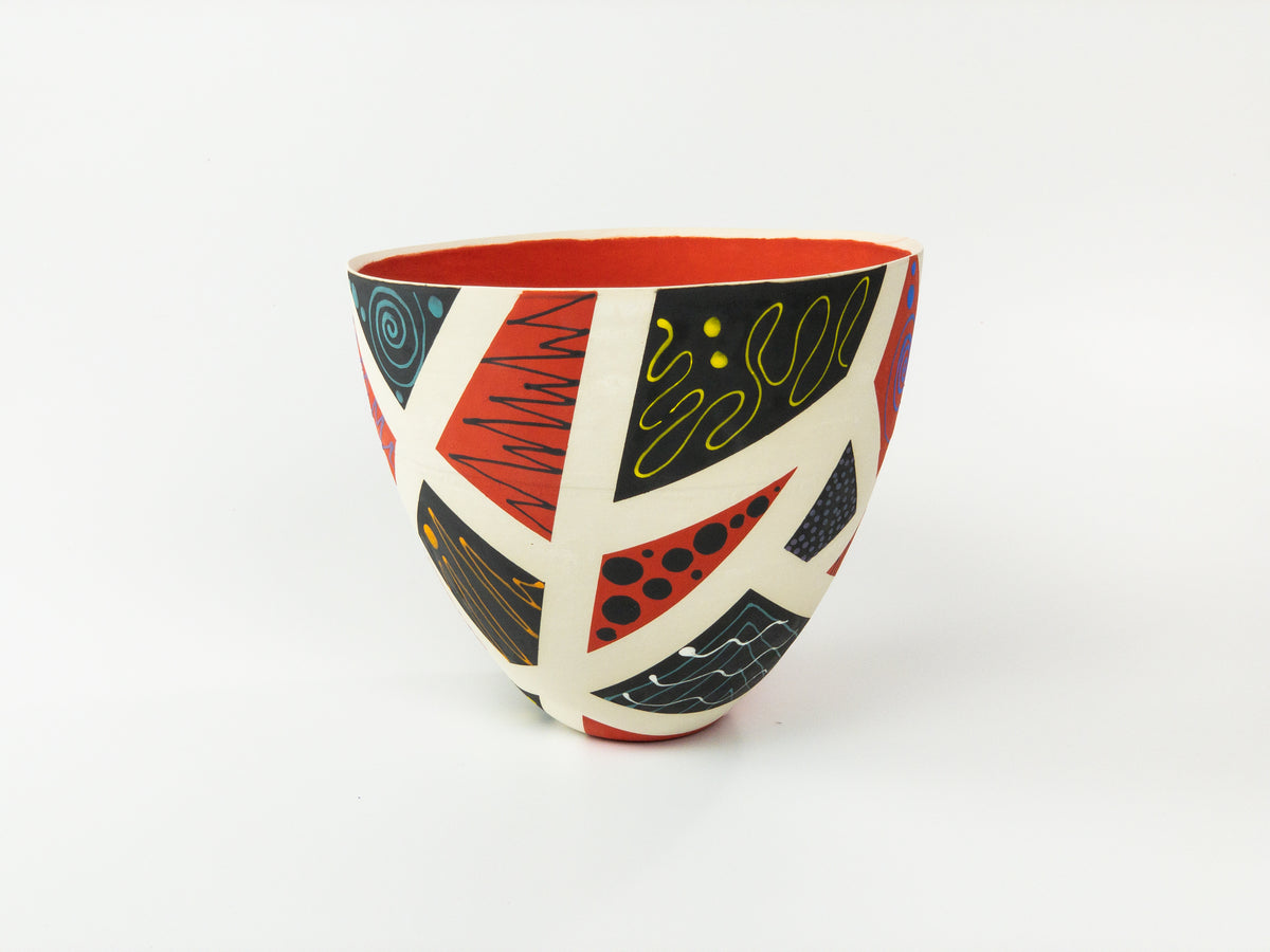Patchwork in Red I — JeanElton TallVase in Black & Red, side view