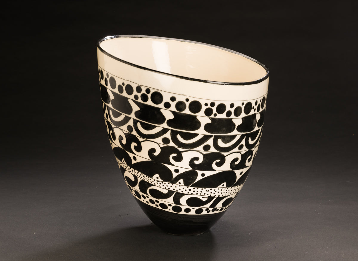 Woven Cipher — JeanElton TallVase in Black & Cream, front view