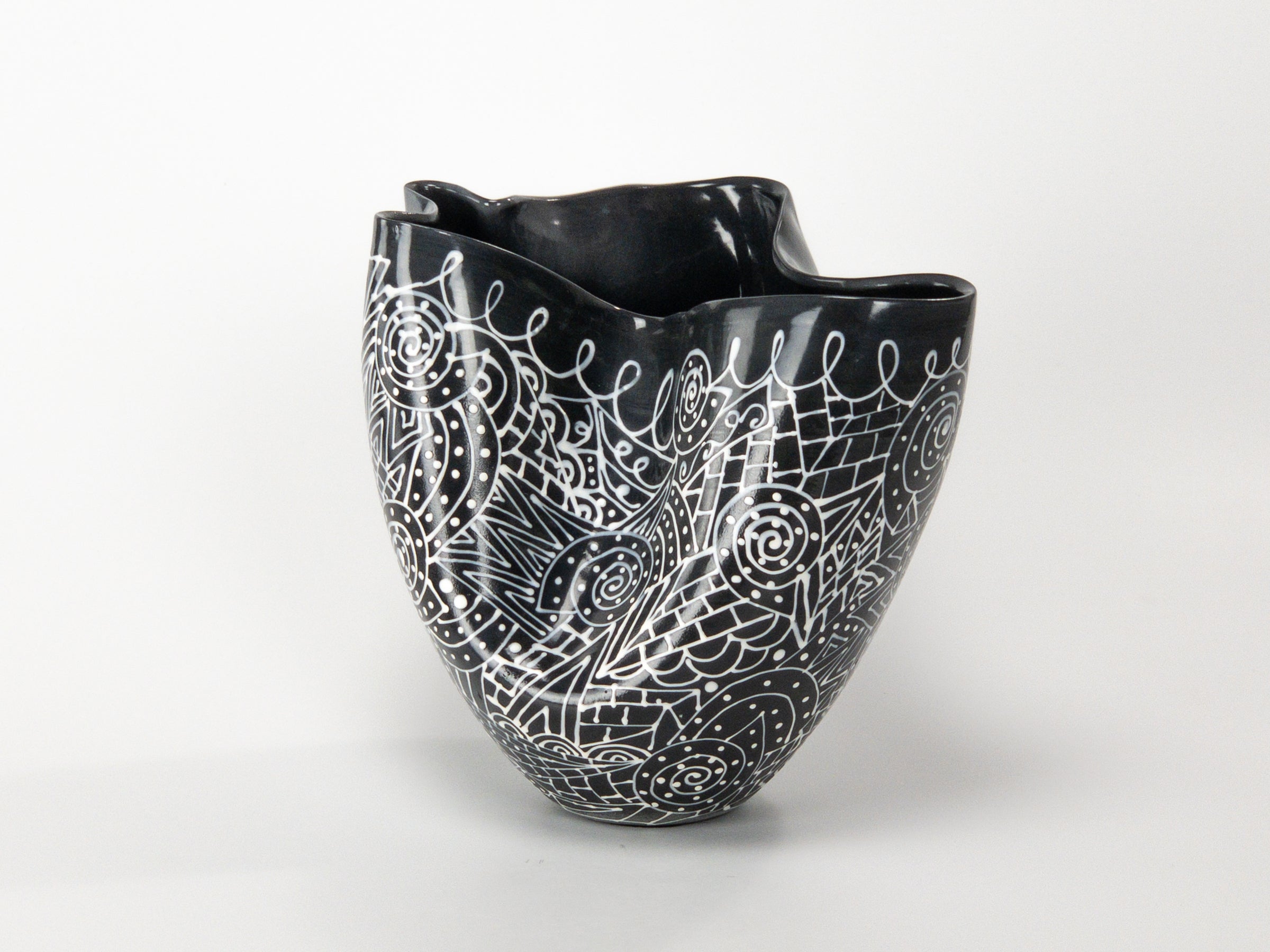 Ammonite Swirls — JeanElton TallVase in Black & Cream, front view