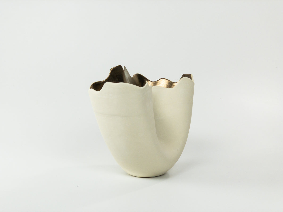 Folded Linen I — JeanElton TallVase in Metallic & Cream, side view
