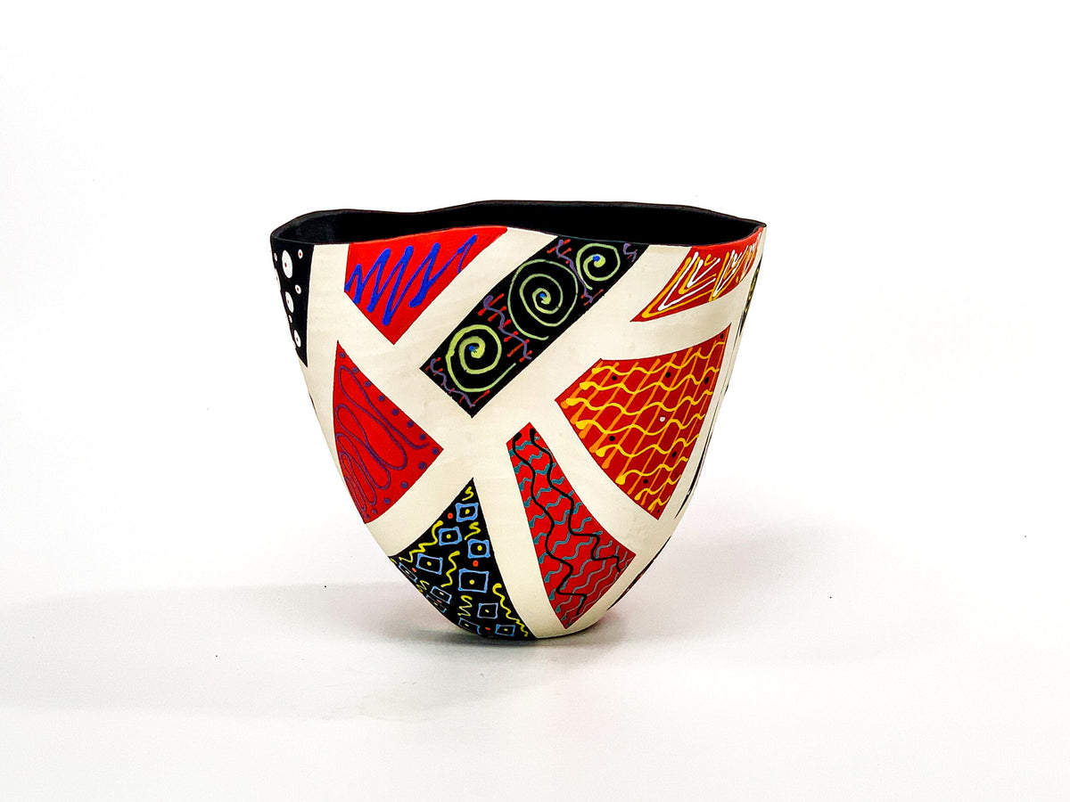 Patchwork in Red & Black V — JeanElton TallVase in Black & Red, front view