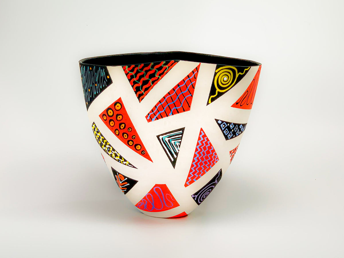 Patchwork in Red & Black VII — JeanElton TallVase in Black & Red, front view