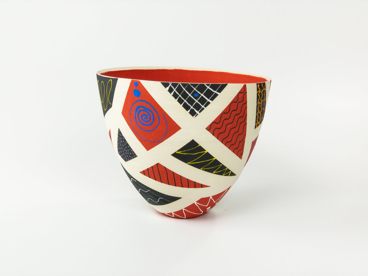 Patchwork in Red I — JeanElton TallVase in Black & Red, front view