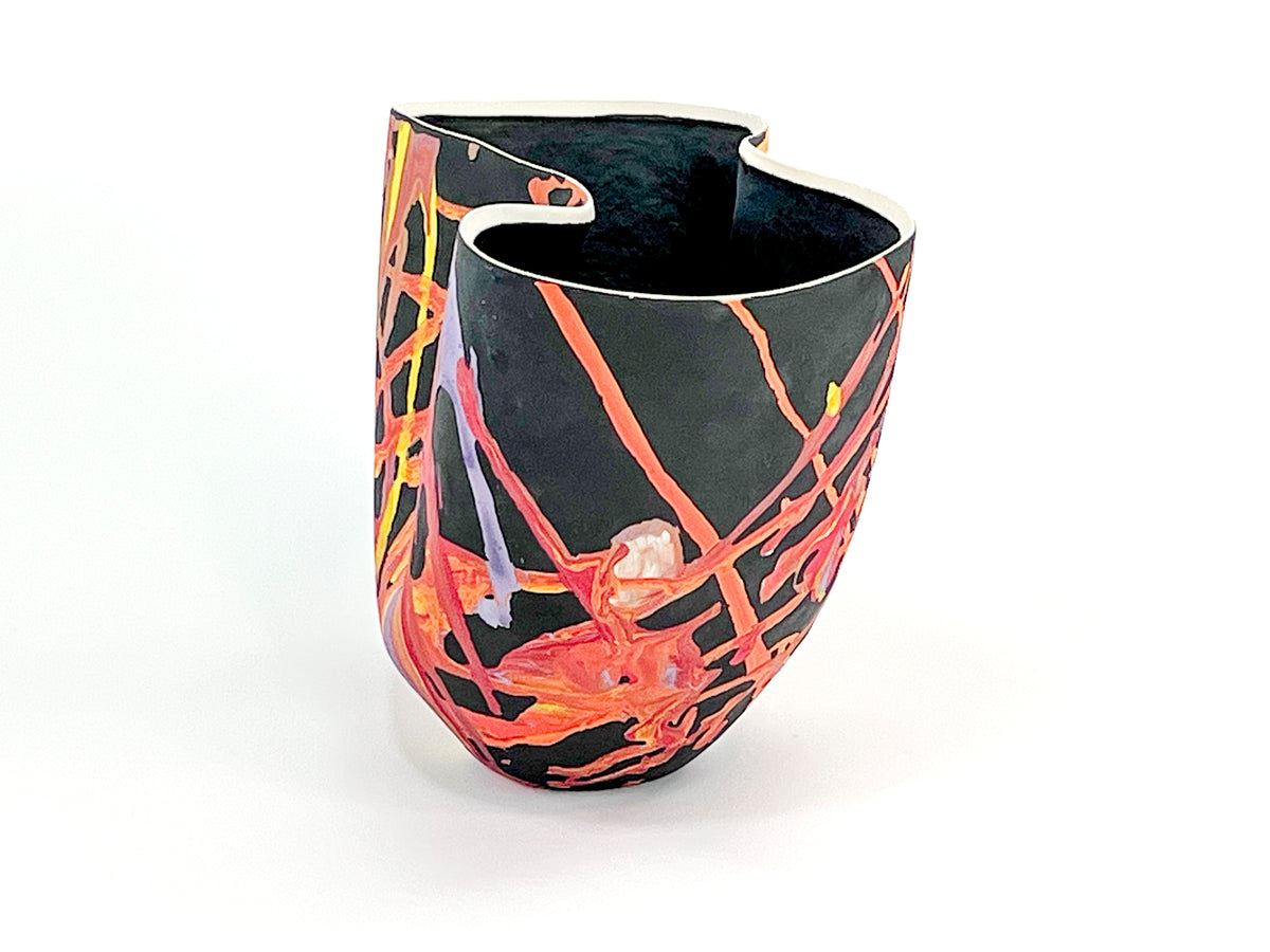 Threads of Fire — JeanElton TallVase in Multi-Color/Black, three-quarter view